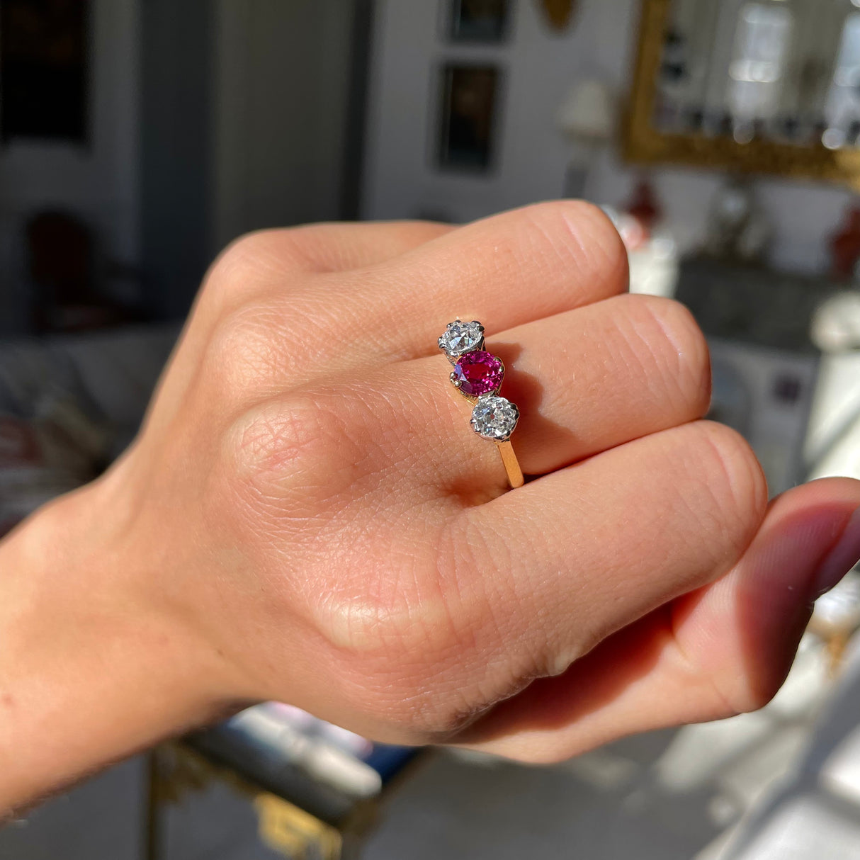 Edwardian, 18ct gold, platinum, ruby and diamond three-stone ring