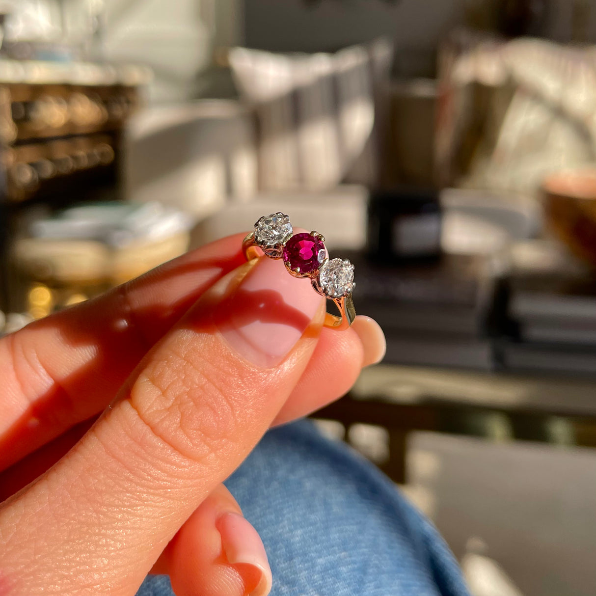 Edwardian, 18ct gold, platinum, ruby and diamond three-stone ring