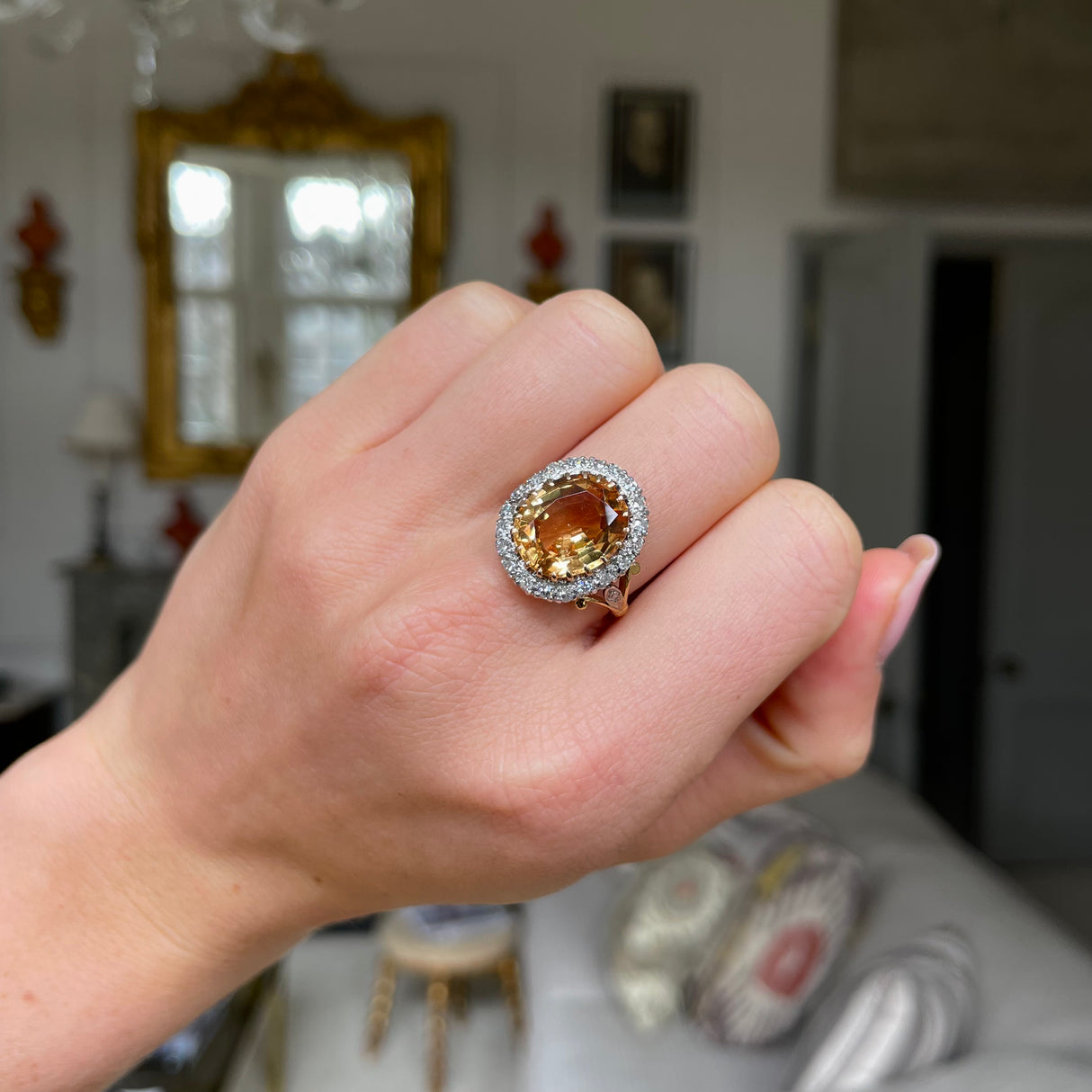 Antique, Edwardian 6ct topaz and diamond cluster ring, 18ct yellow gold