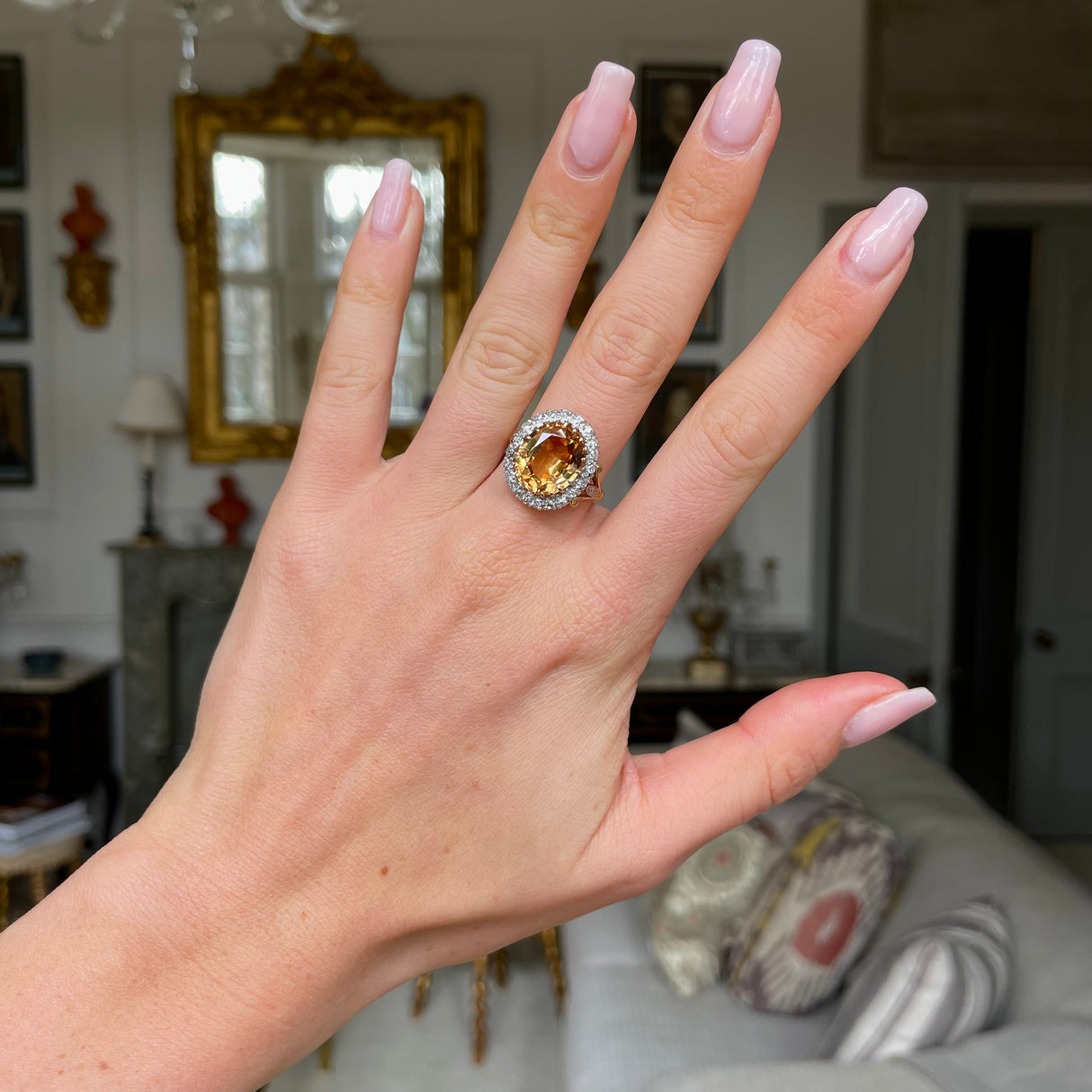 Antique, Edwardian 6ct topaz and diamond cluster ring, 18ct yellow gold