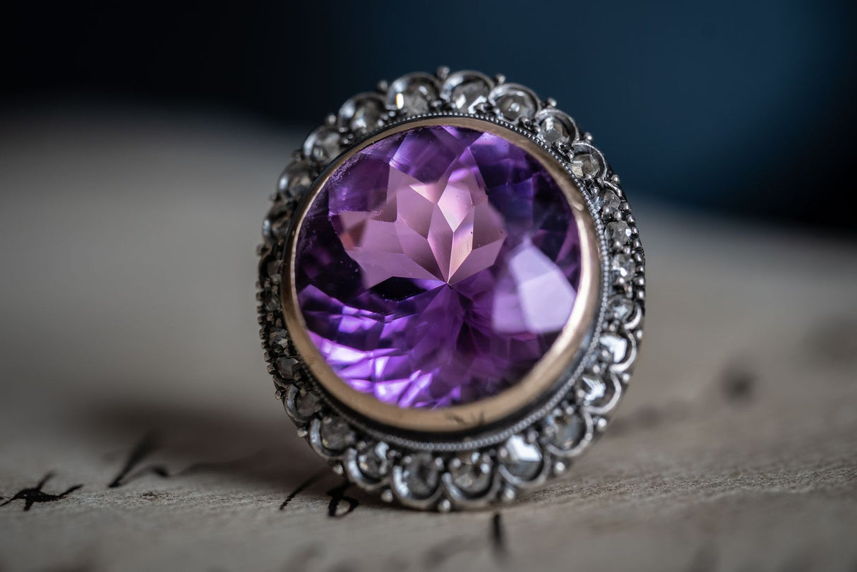 Edwardian, 18ct gold, amethyst and rose-cut diamond ring