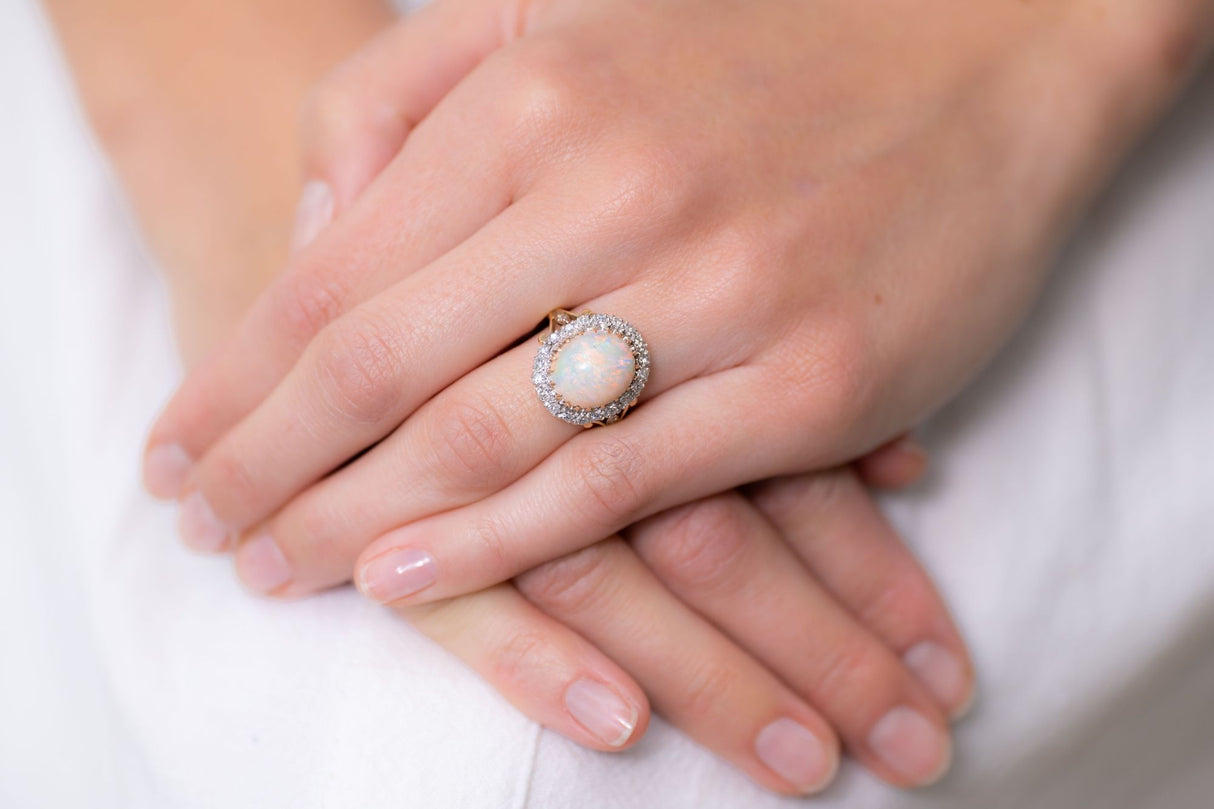 Edwardian, 18ct Gold, Australian Opal and Diamond Cluster Ring |Antique Ring Boutique | Vintage Jewelry |Untreated Gemstone Rings | Antique Engagement Rings | Art Deco Rings | Antique Rings | Antique Jewellery Company