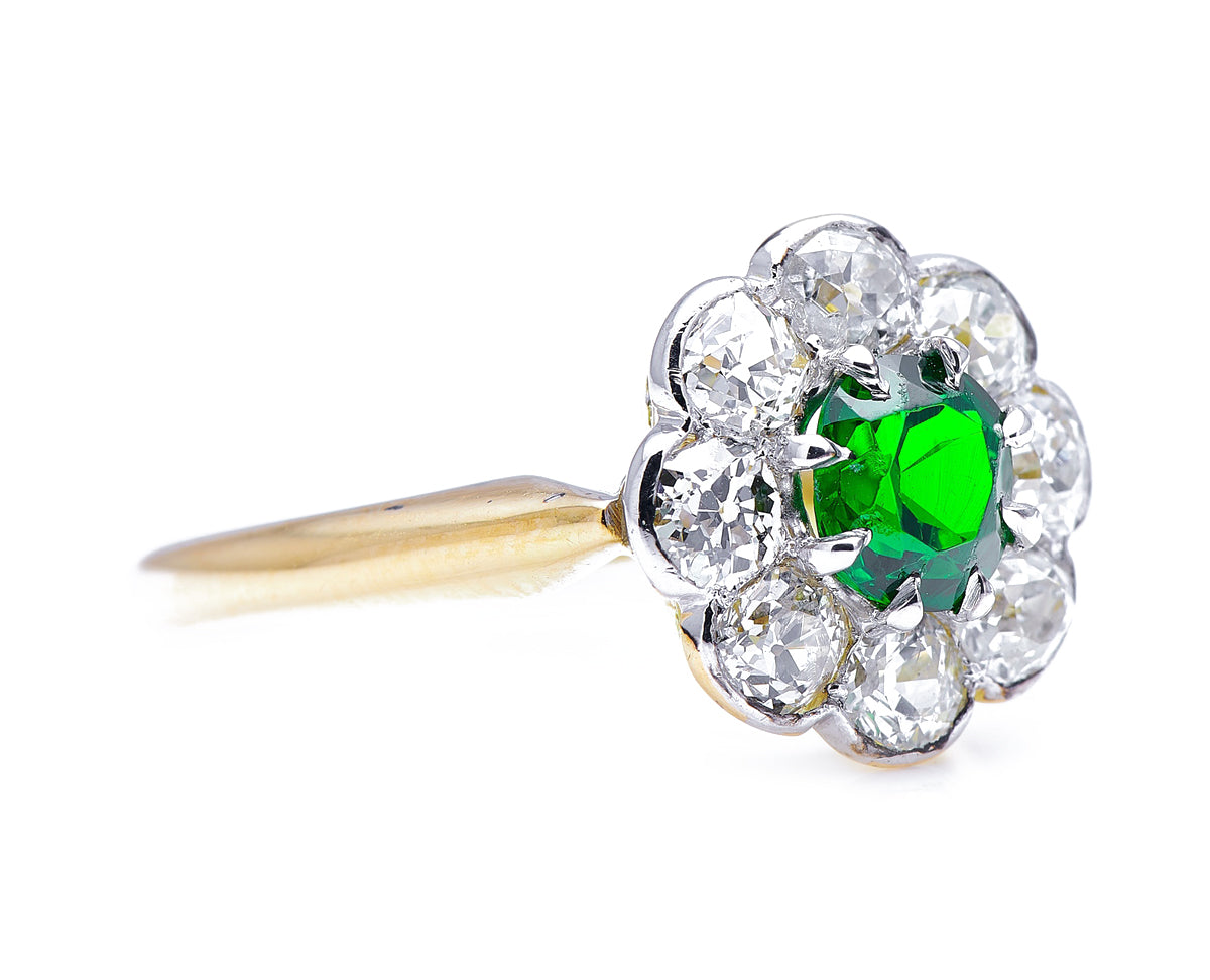 Edwardian, 18ct gold, demantoid garnet and diamond cluster ring