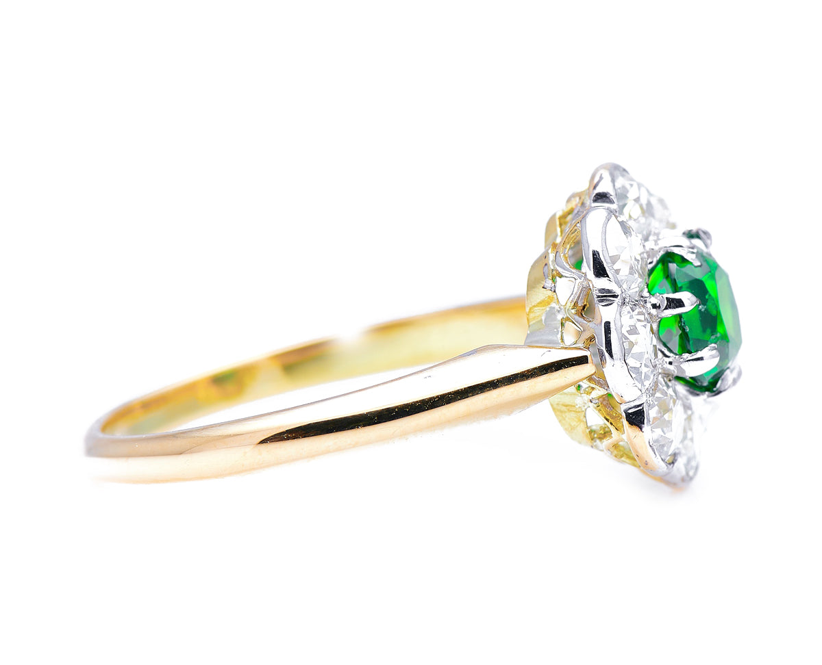 Edwardian, 18ct gold, demantoid garnet and diamond cluster ring