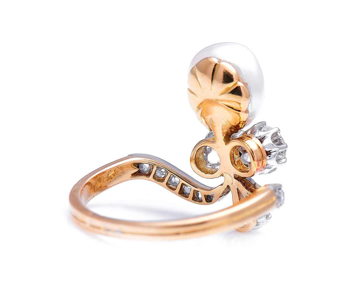 Edwardian, 18ct gold, French, natural pearl and diamond tiara ring