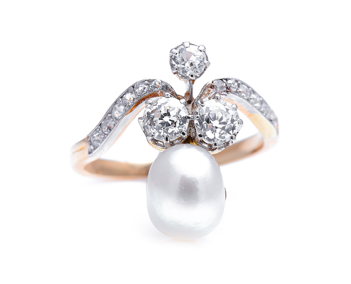Edwardian, 18ct gold, French, natural pearl and diamond tiara ring