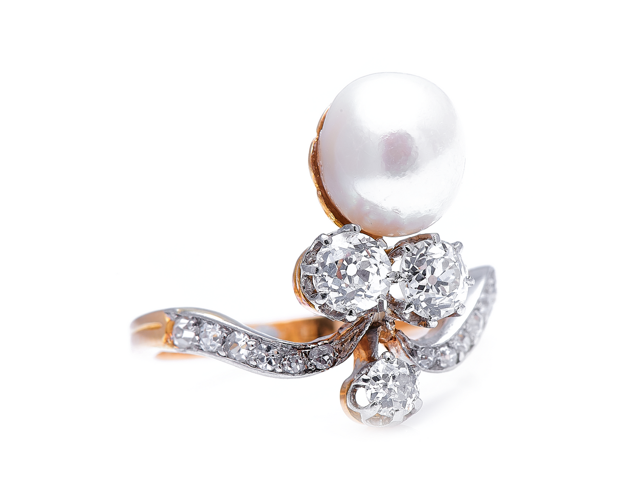 Edwardian, 18ct gold, French, natural pearl and diamond tiara ring