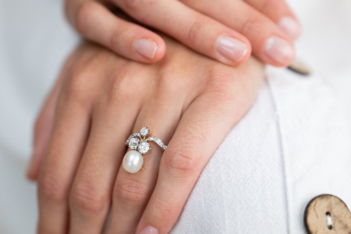 Edwardian, 18ct gold, French, natural pearl and diamond tiara ring