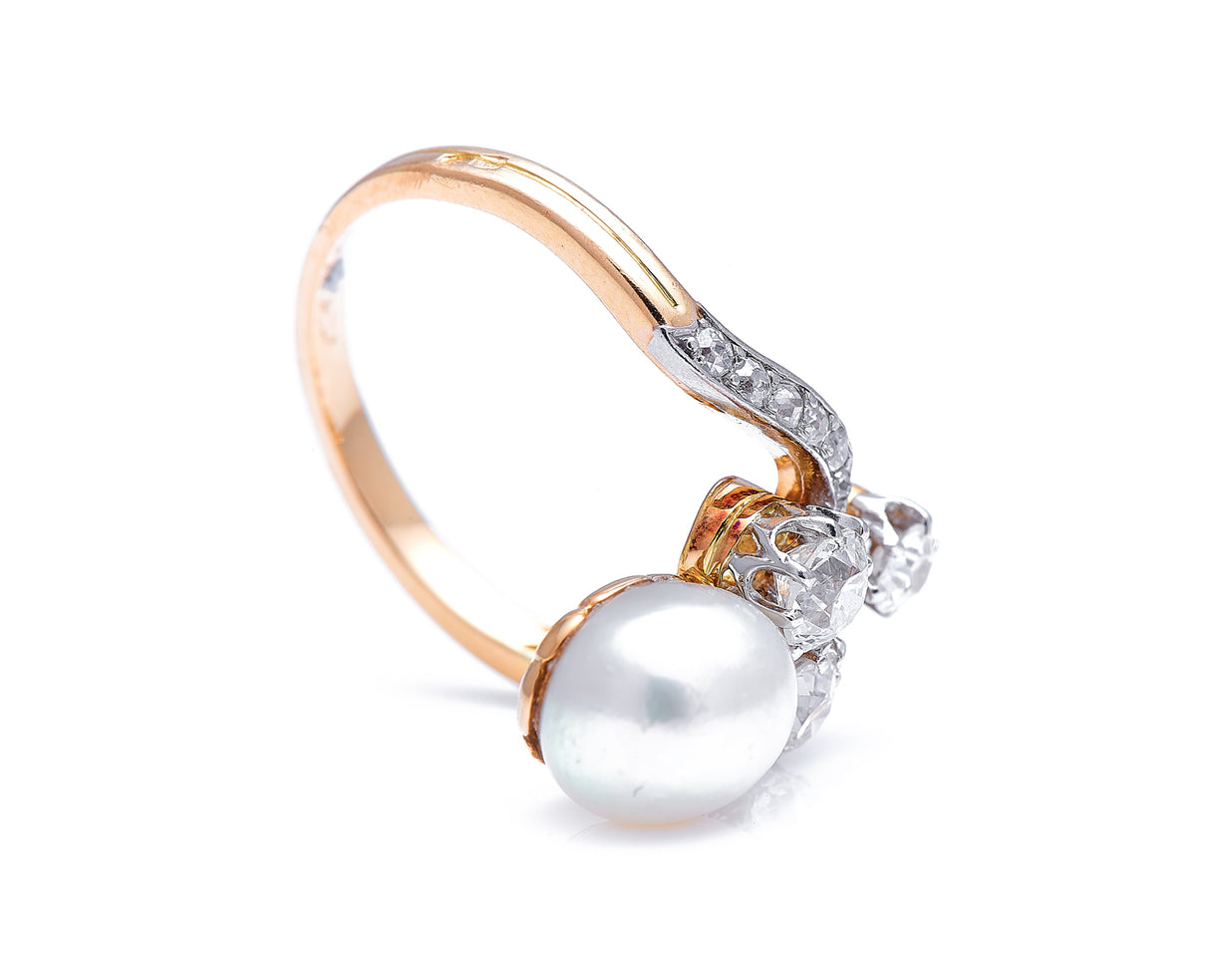 Edwardian, 18ct gold, French, natural pearl and diamond tiara ring
