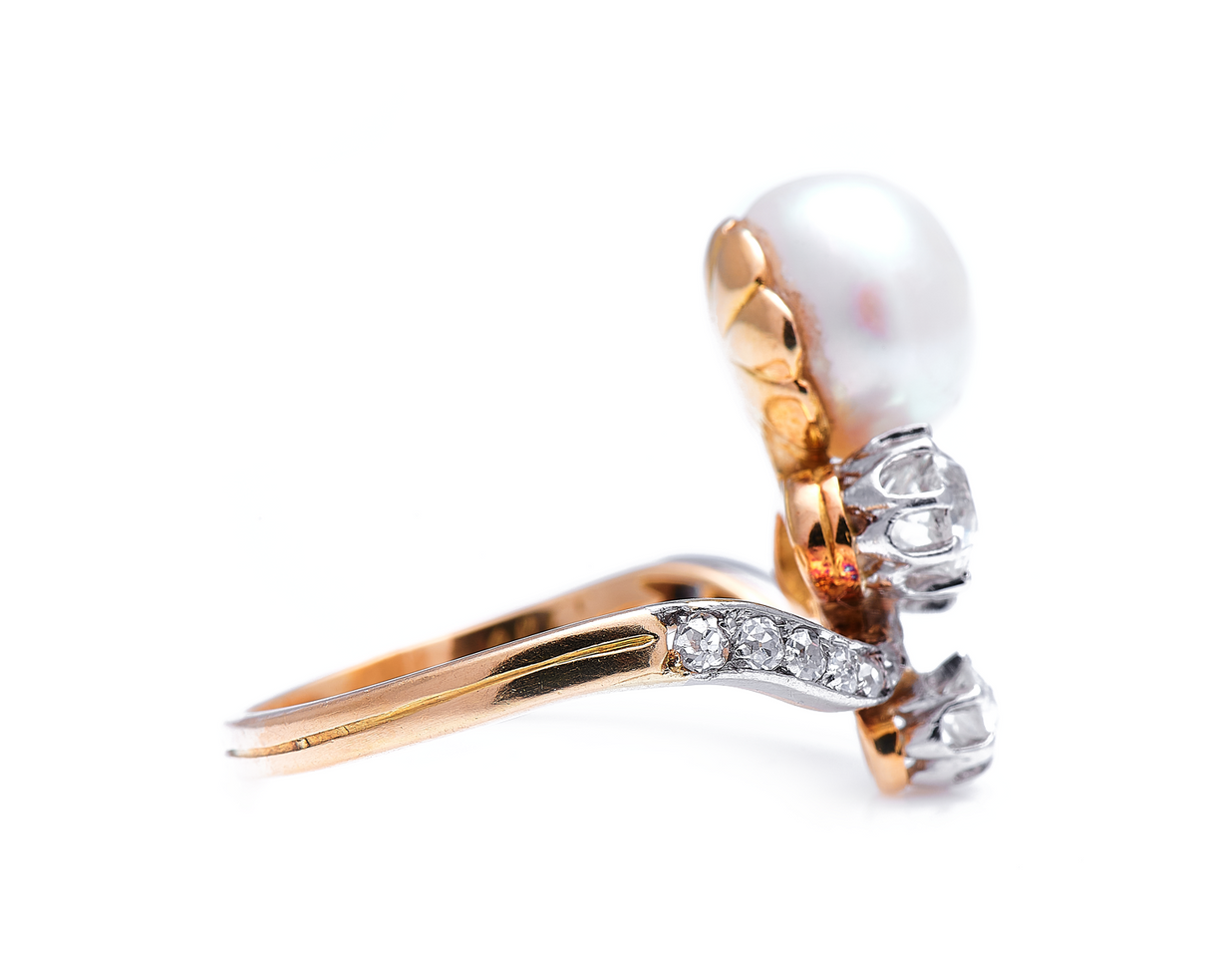 Edwardian, 18ct gold, French, natural pearl and diamond tiara ring