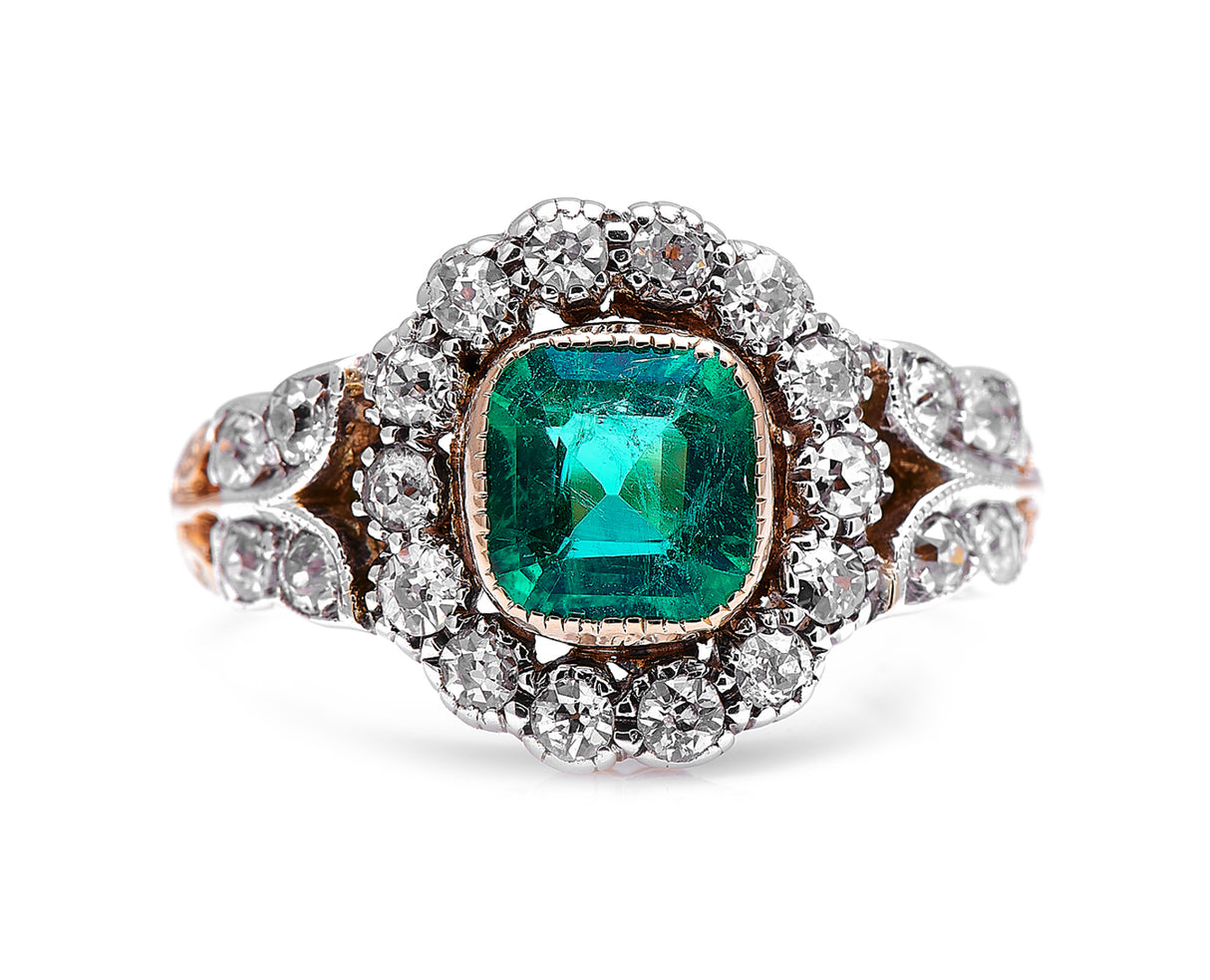 Edwardian, 18ct gold, garland style, emerald and diamond ring