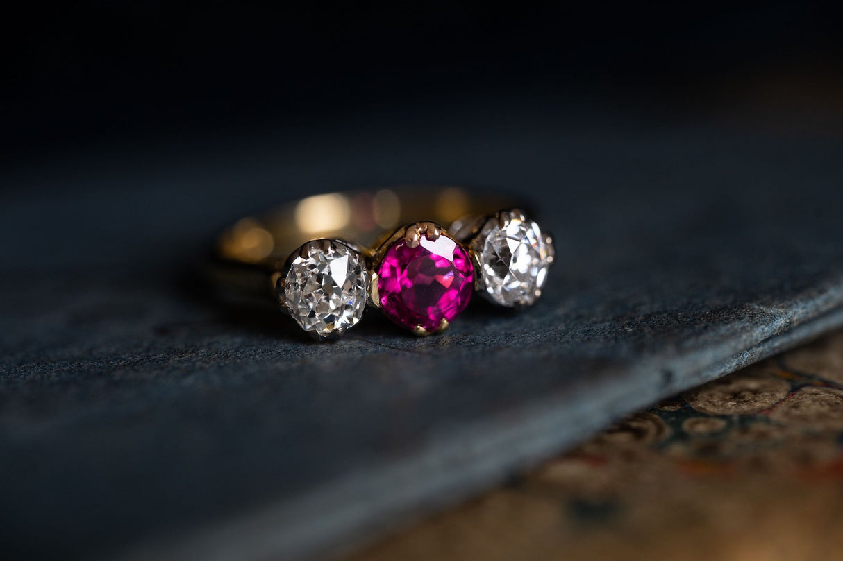 Antique Vintage Ruby and Diamond Three-Stone Engagement Ring