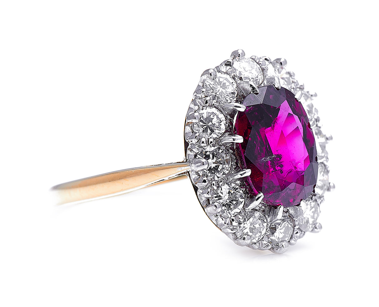 Edwardian, 18ct gold, rare 3ct ruby and diamond cluster ring