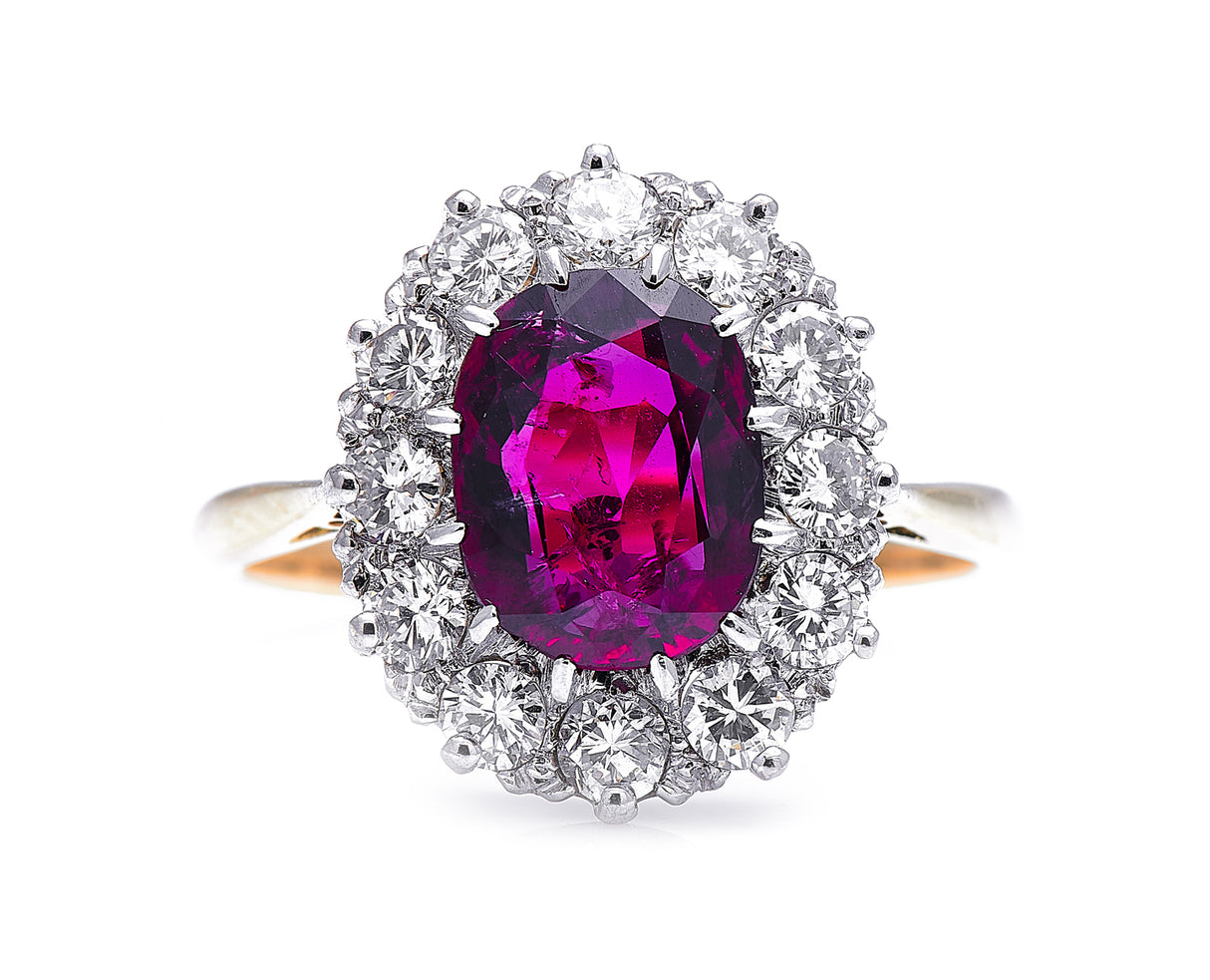 Edwardian, 18ct gold, rare 3ct ruby and diamond cluster ring