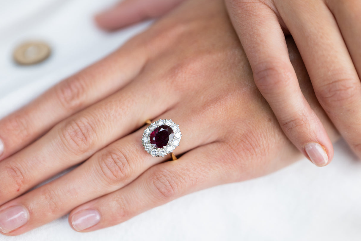 Edwardian, 18ct gold, rare 3ct ruby and diamond cluster ring