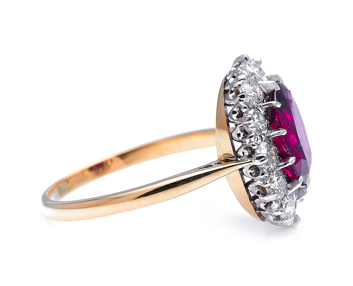 Edwardian, 18ct gold, rare 3ct ruby and diamond cluster ring
