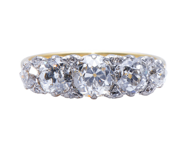 Edwardian-18-Carat-Gold-Platinum-Cushion-Cut-Five-Stone-Ring-Engagement