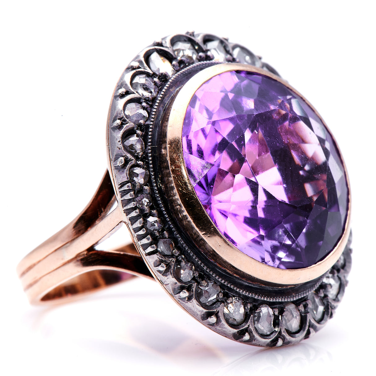 Edwardian, 18ct gold, amethyst and rose-cut diamond ring