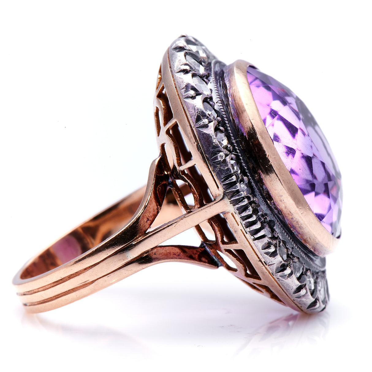 Edwardian, 18ct gold, amethyst and rose-cut diamond ring