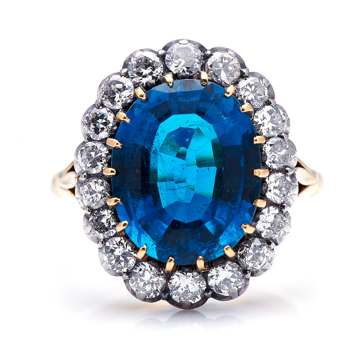 Edwardian-18-Carat-Gold-Indicolite-Tourmaline-Diamond-Cluster-Ring-Antique