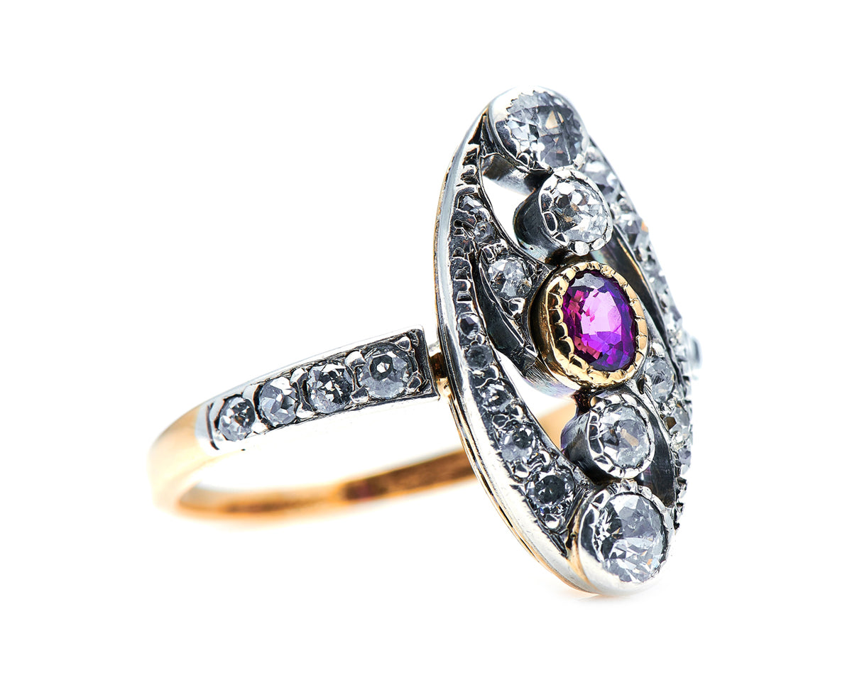 Edwardian, Art Nouveau, 18ct Gold, Ruby and Diamond Ring