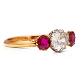 Edwardian, French, diamond & ruby three-stone ring