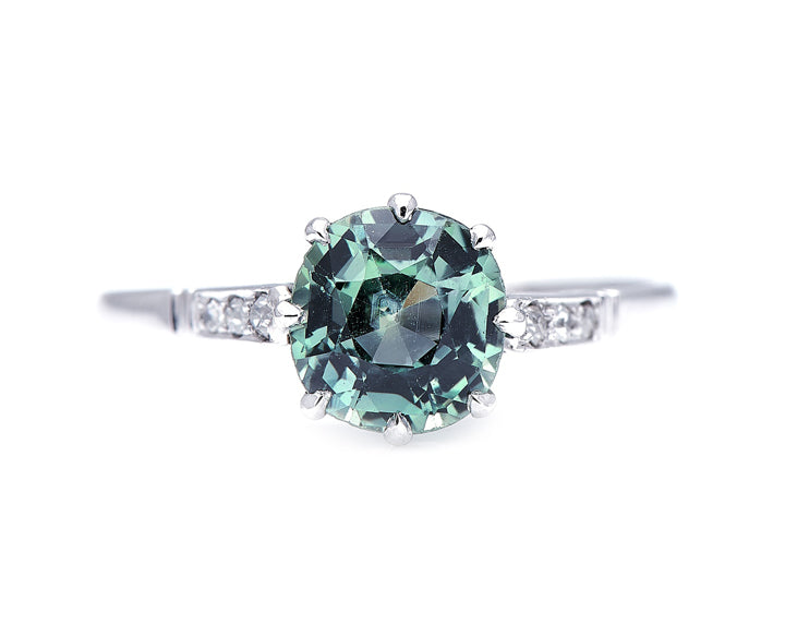 Edwardian, platinum, green sapphire and diamond engagement ring