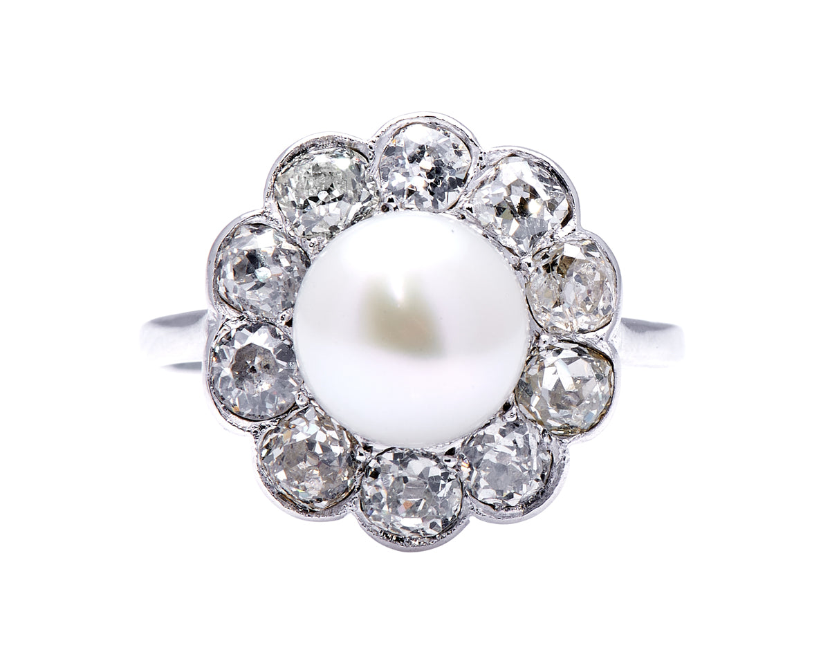 Edwardian, platinum, natural pearl and diamond cluster ring