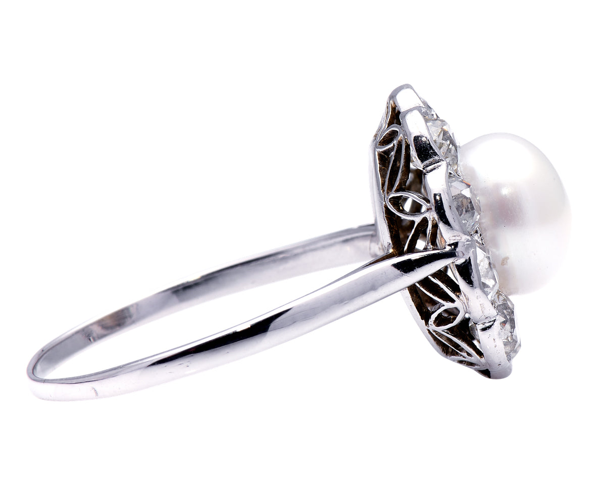 Edwardian, platinum, natural pearl and diamond cluster ring