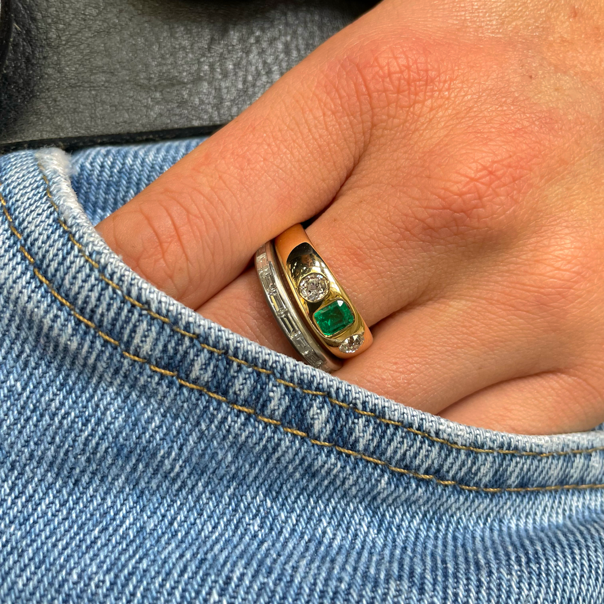 Antique emerald and diamond three stone gypsy ring, 18ct yellow gold