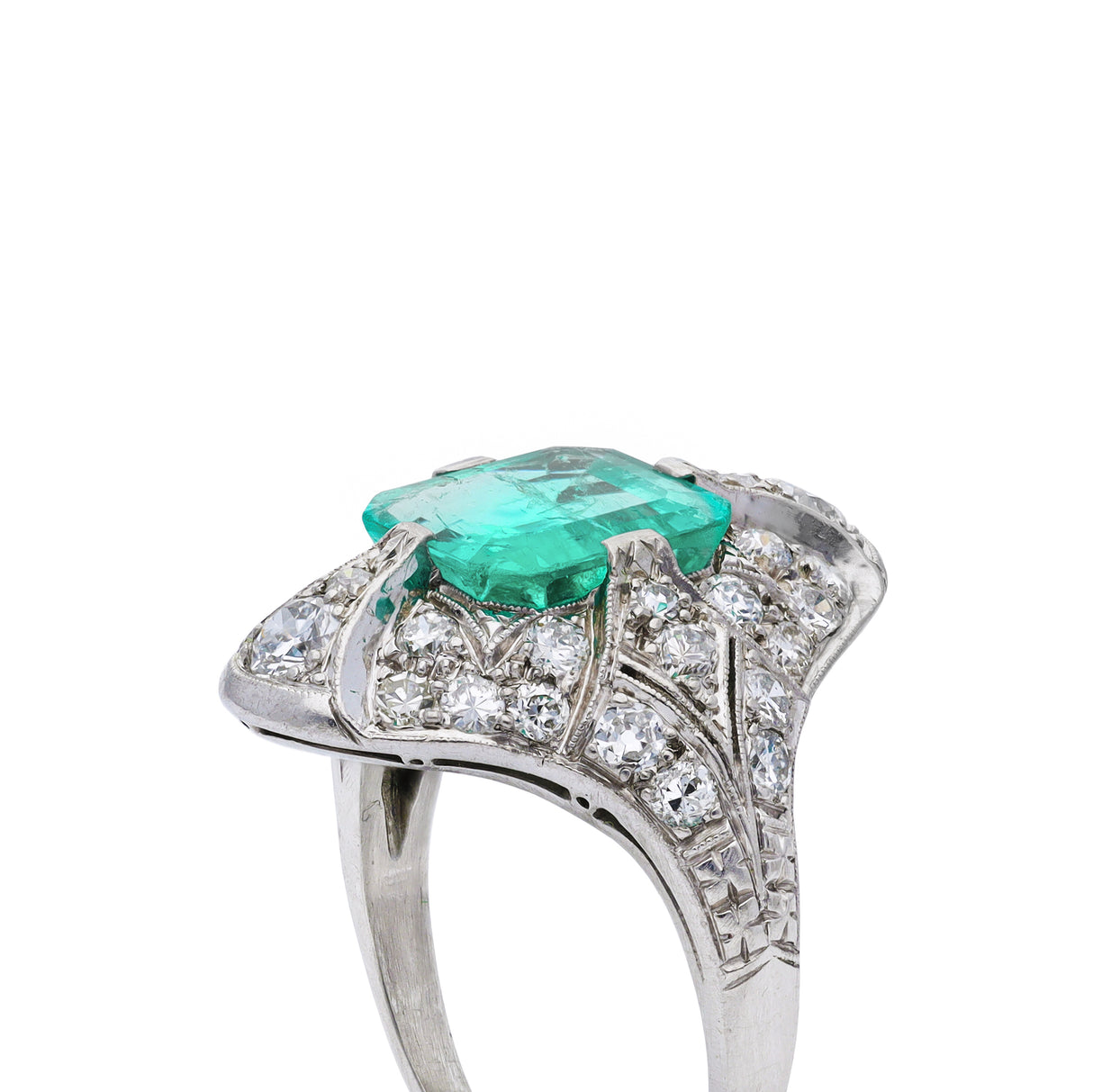 Art Deco emerald and diamond ring, side view.