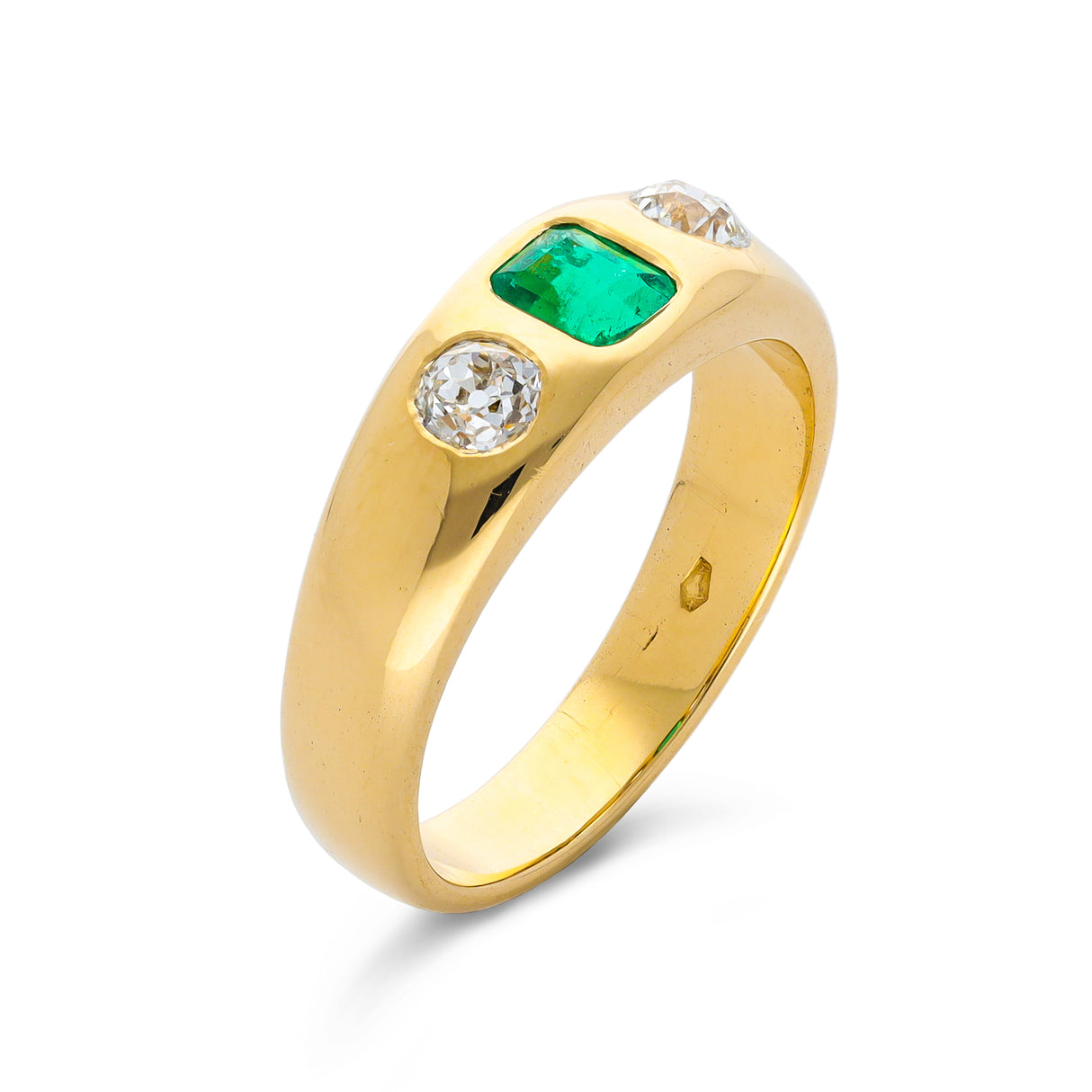 Antique emerald and diamond three stone gypsy ring, 18ct yellow gold