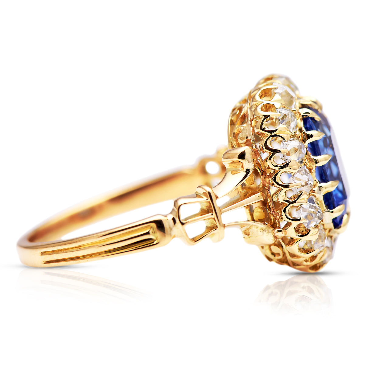 Antique, ceylon sapphire and diamond cluster ring, 18ct yellow gold