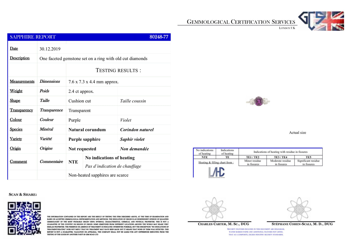 Art Deco, purple sapphire and diamond three-stone engagement ring, platinum
