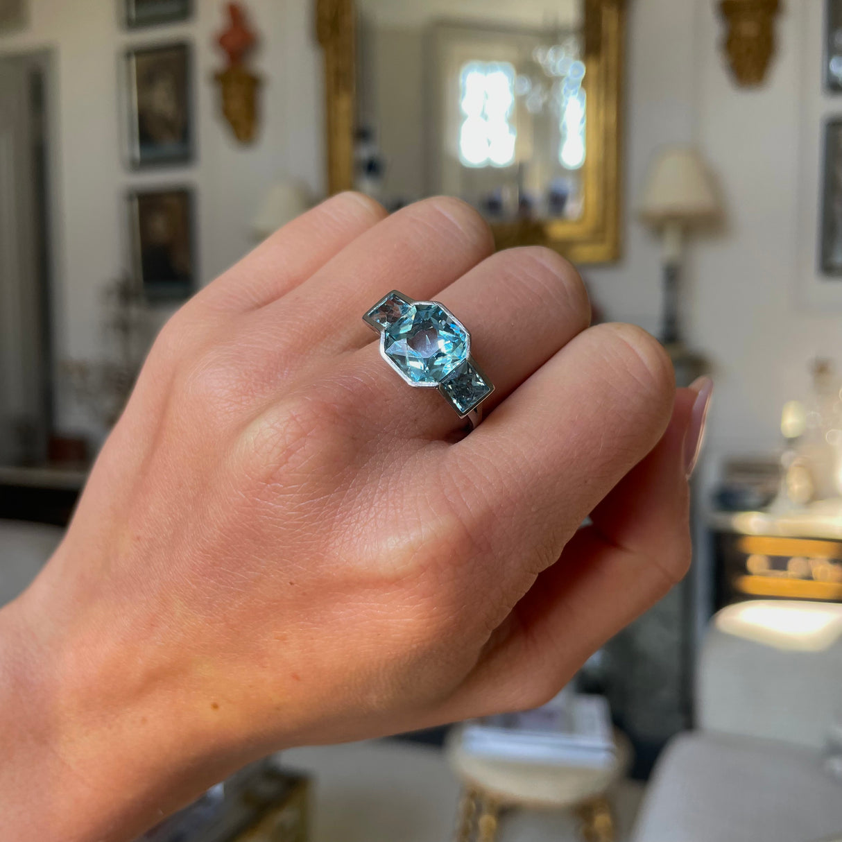 French 1920s Art Deco aquamarine ring, platinum