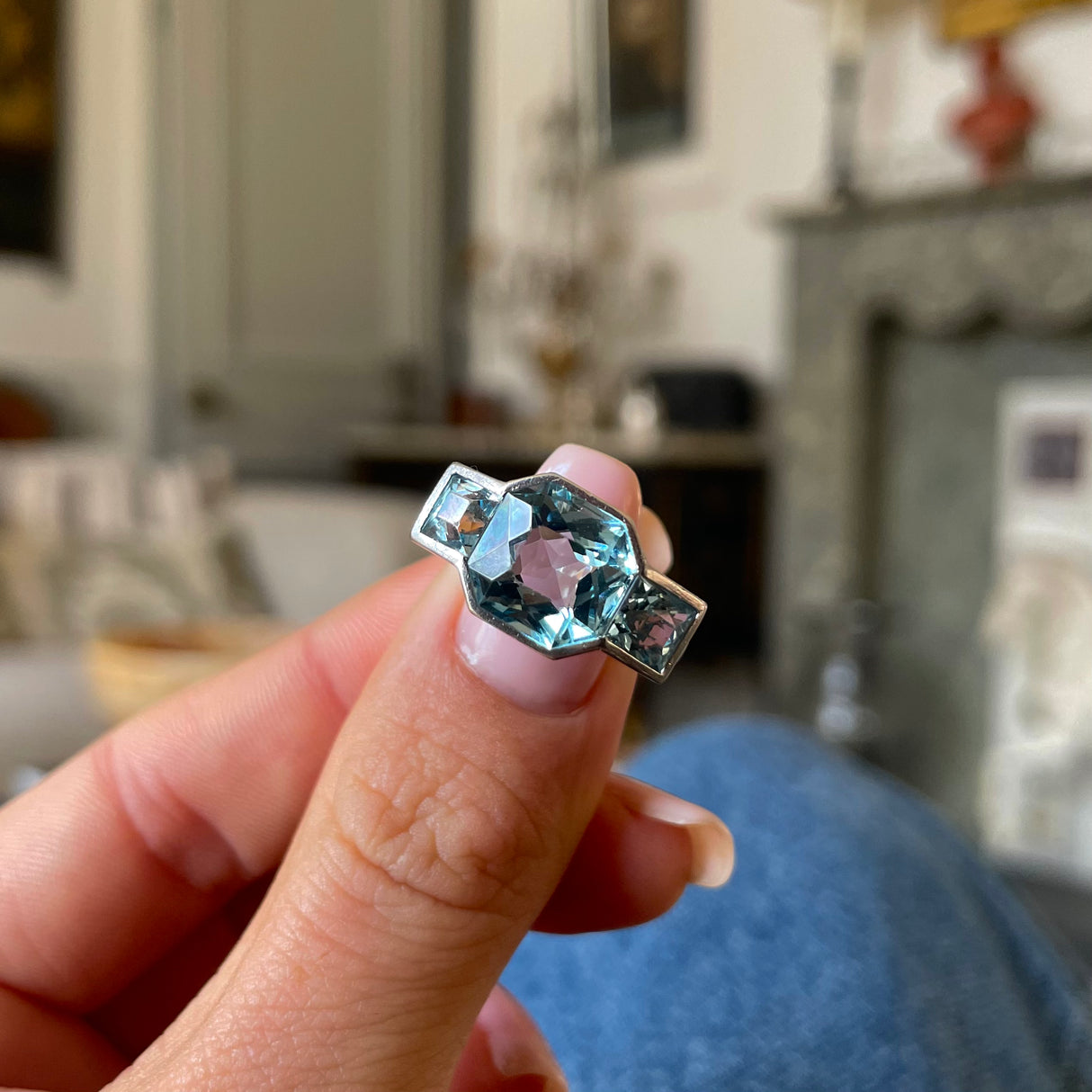 French 1920s Art Deco aquamarine ring, platinum