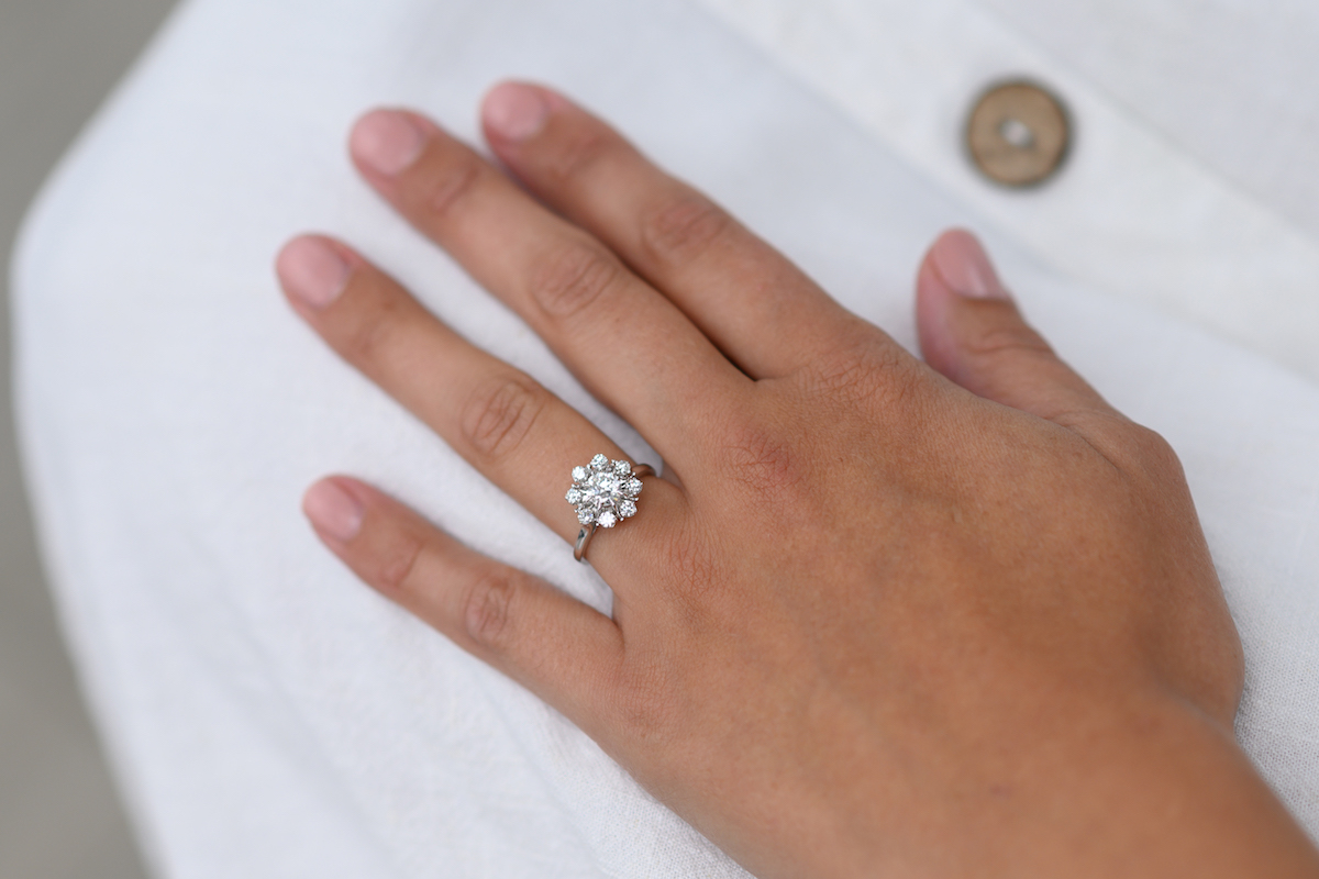 French, 1950s, 18ct white gold, diamond cluster engagement ring