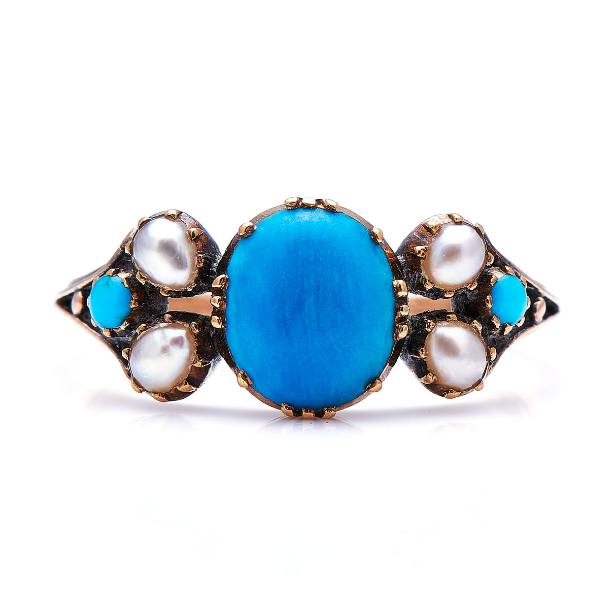 Georgian, 15ct gold, natural turquoise and pearl ring