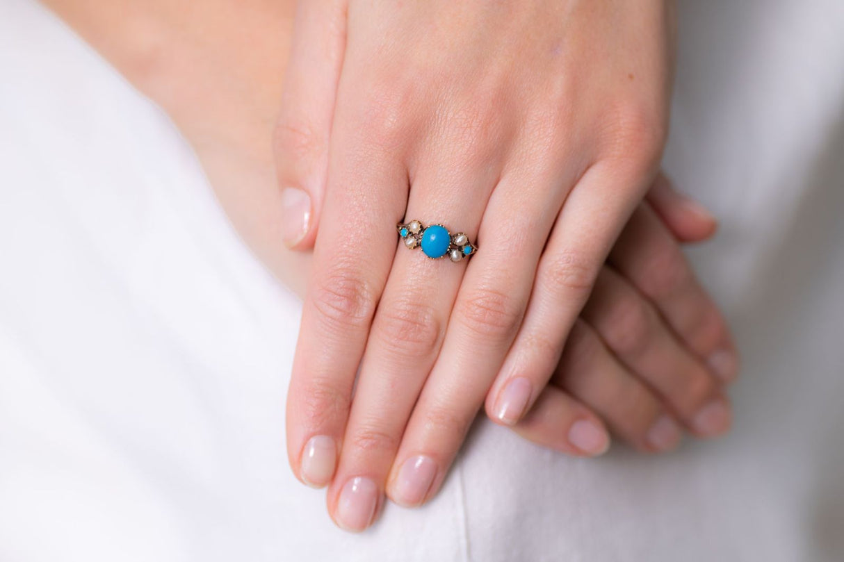 Georgian, 15ct gold, natural turquoise and pearl ring