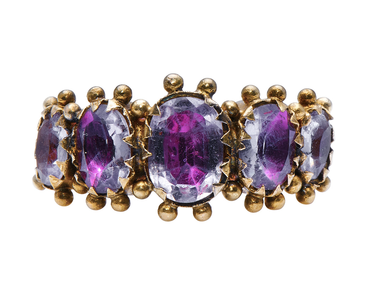 Georgian-18-Carat-Gold-Pink-Foil-Crystal-Five-Stone-Ring-Antique-Vintage