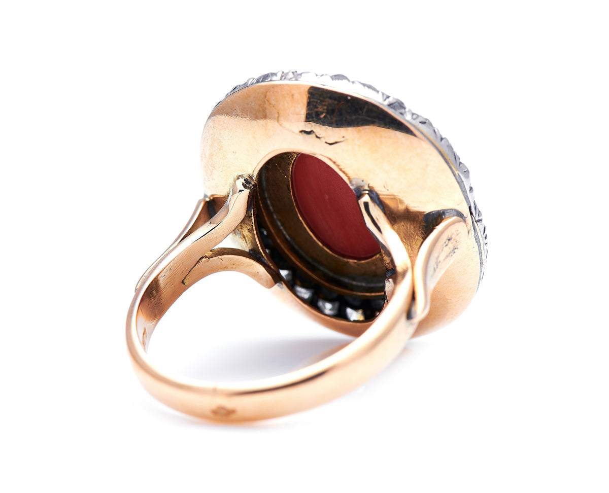 Georgian, 19th century, 18ct gold, coral and diamond cluster ring