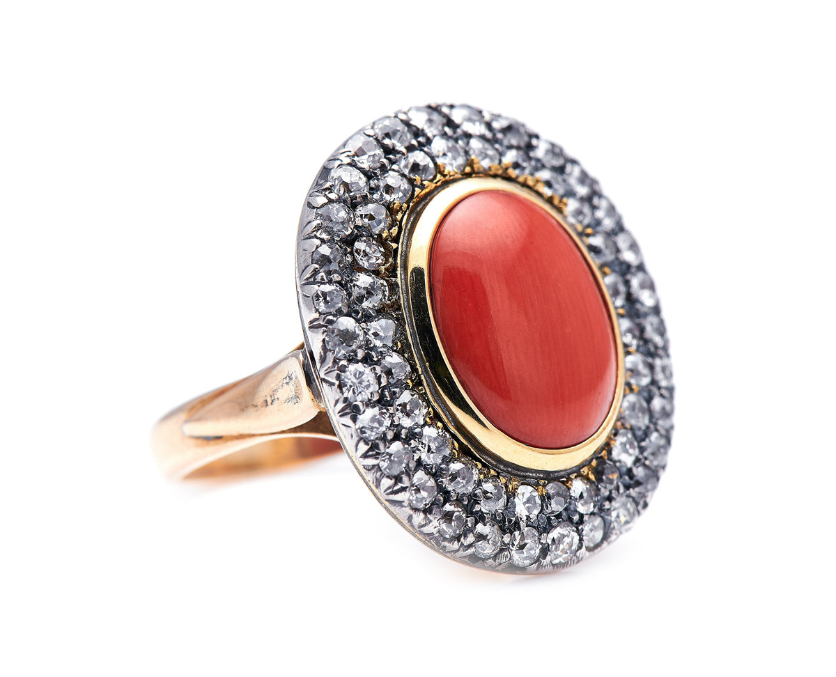 Georgian, 19th century, 18ct gold, coral and diamond cluster ring