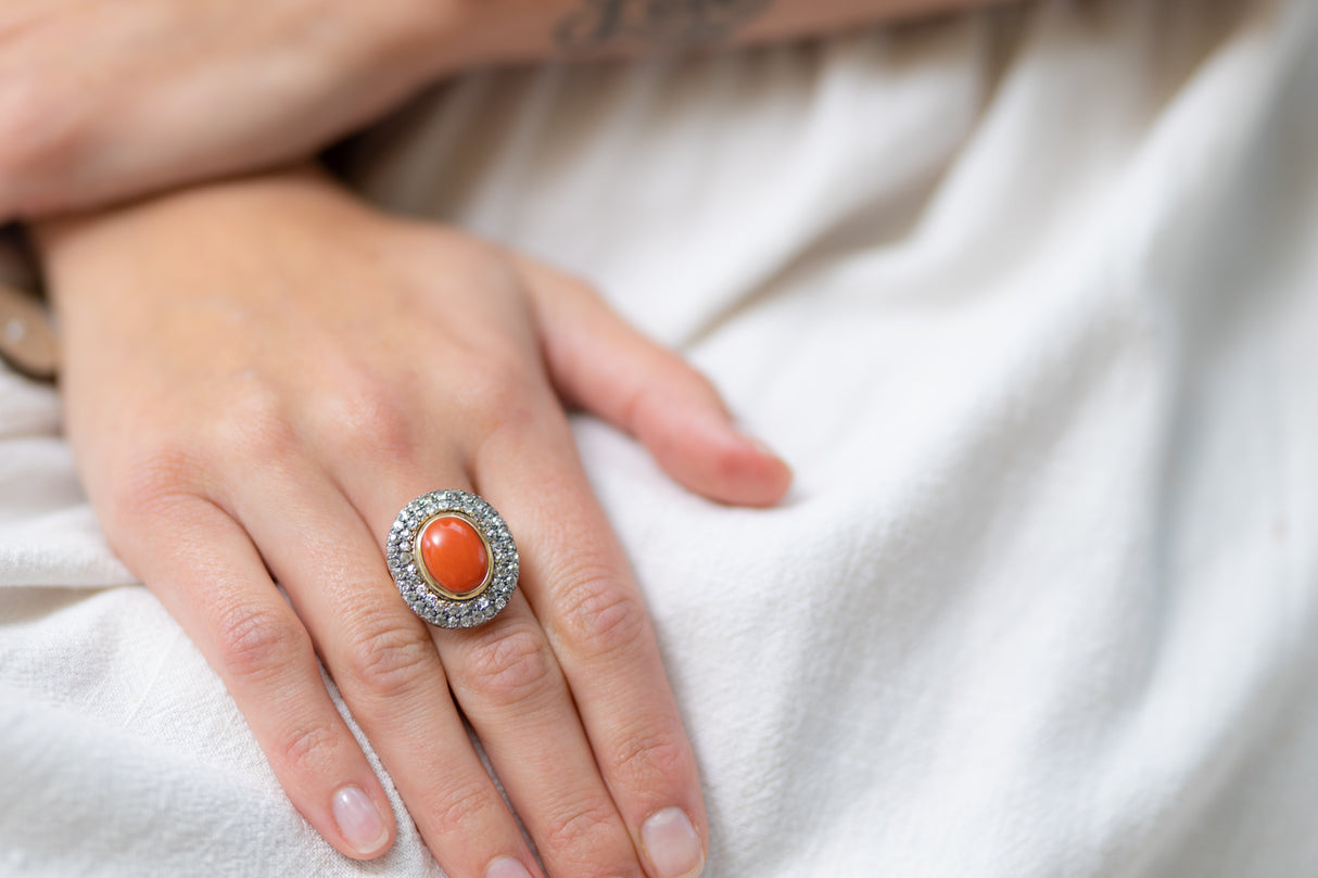 Georgian, 19th century, 18ct gold, coral and diamond cluster ring