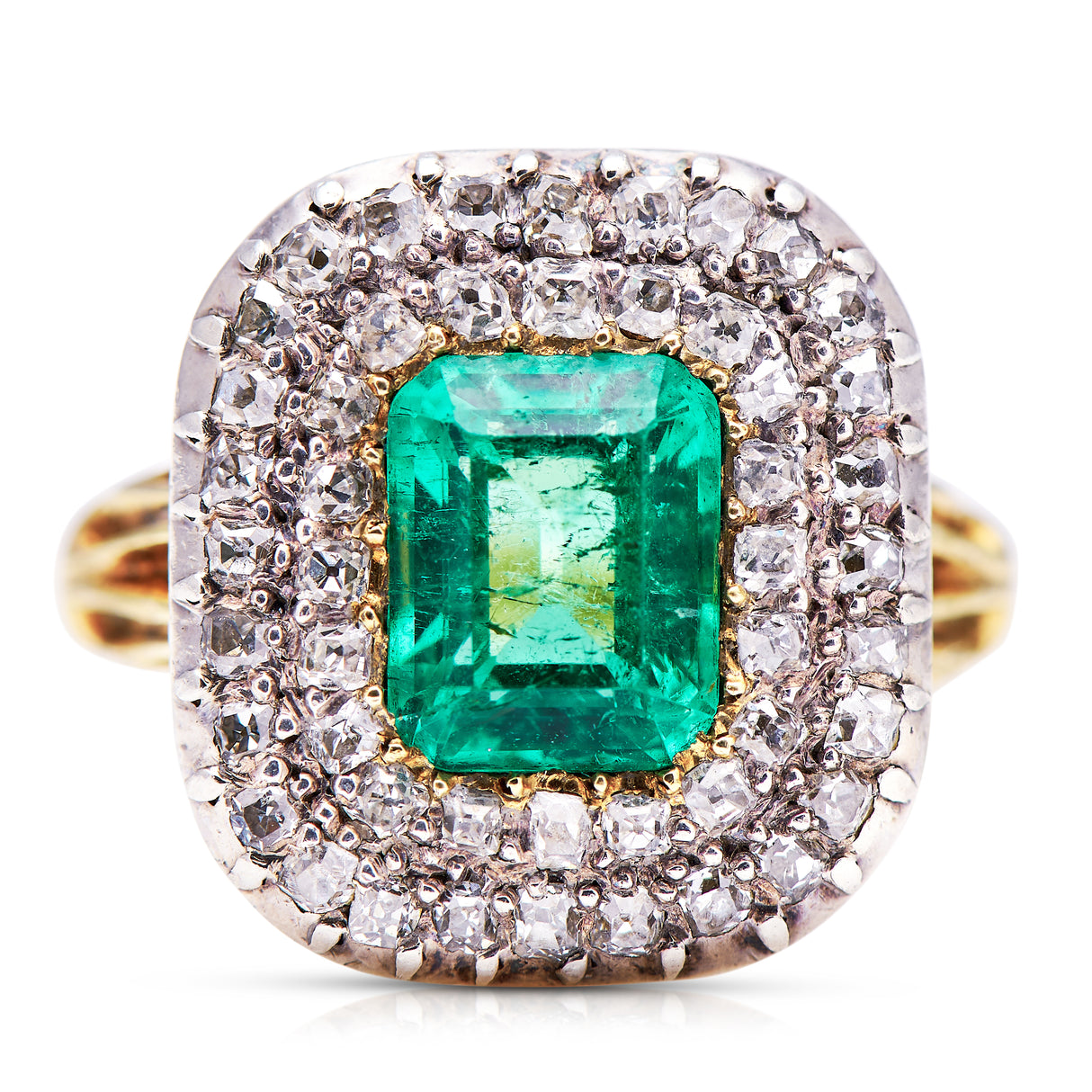 Georgian emerald and diamond cluster, front view.