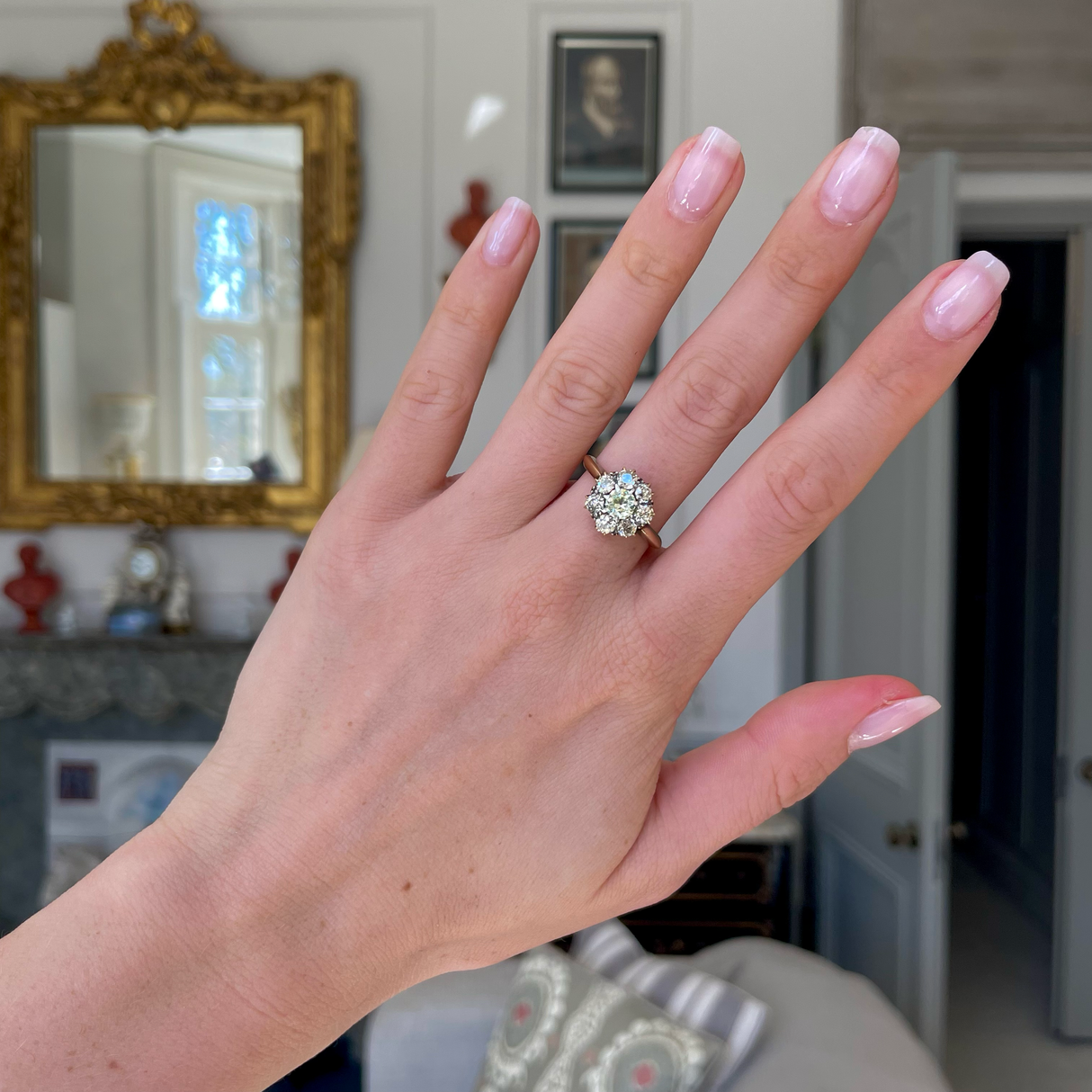 Antique green-yellow diamond cluster engagement ring