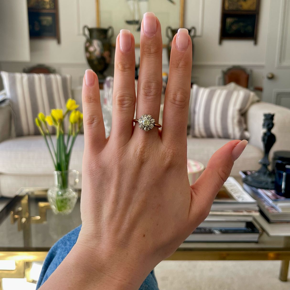 Antique green-yellow diamond cluster engagement ring