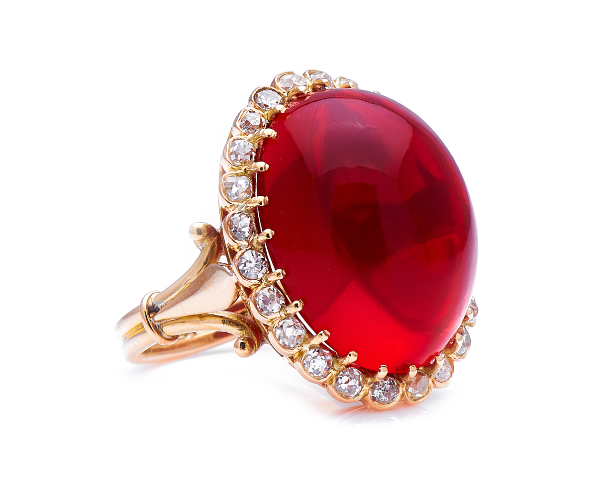 Edwardian, 18ct yellow gold, cabochon fire opal and diamond cluster ring