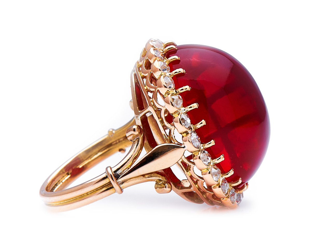 Edwardian, 18ct yellow gold, cabochon fire opal and diamond cluster ring