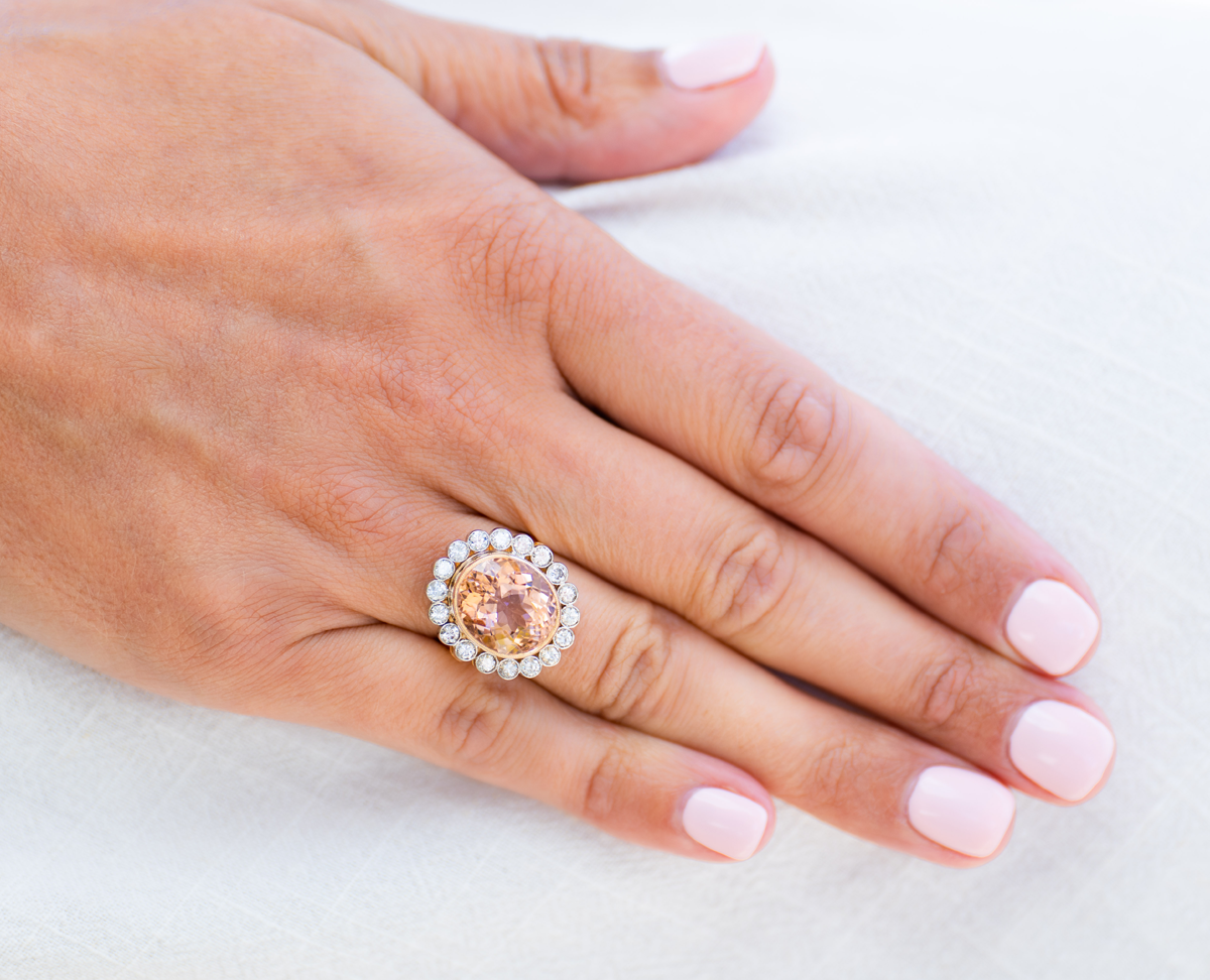 Mid century, 1950s, French 18ct rose gold, morganite and diamond ring