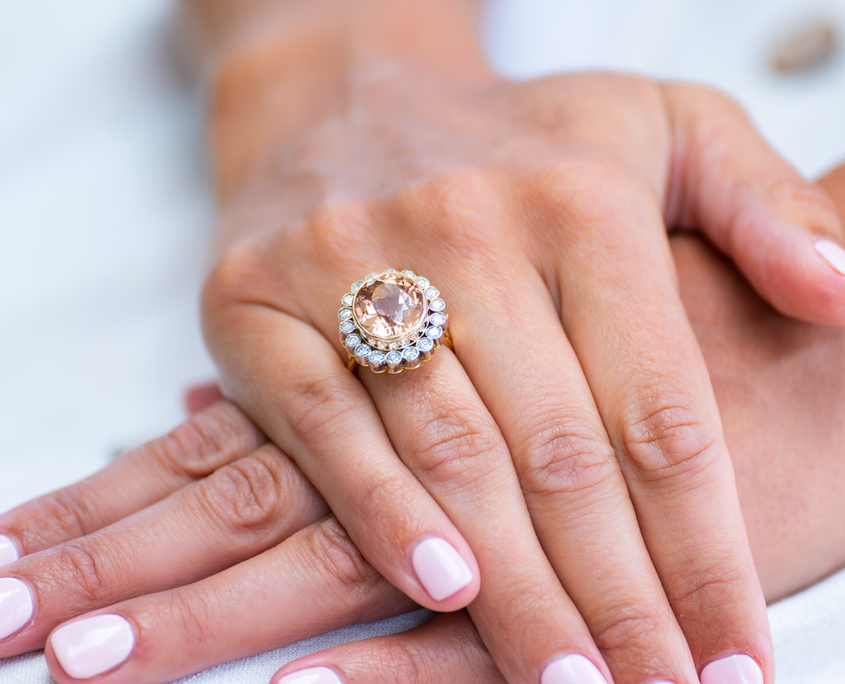 Mid century, 1950s, French 18ct rose gold, morganite and diamond ring